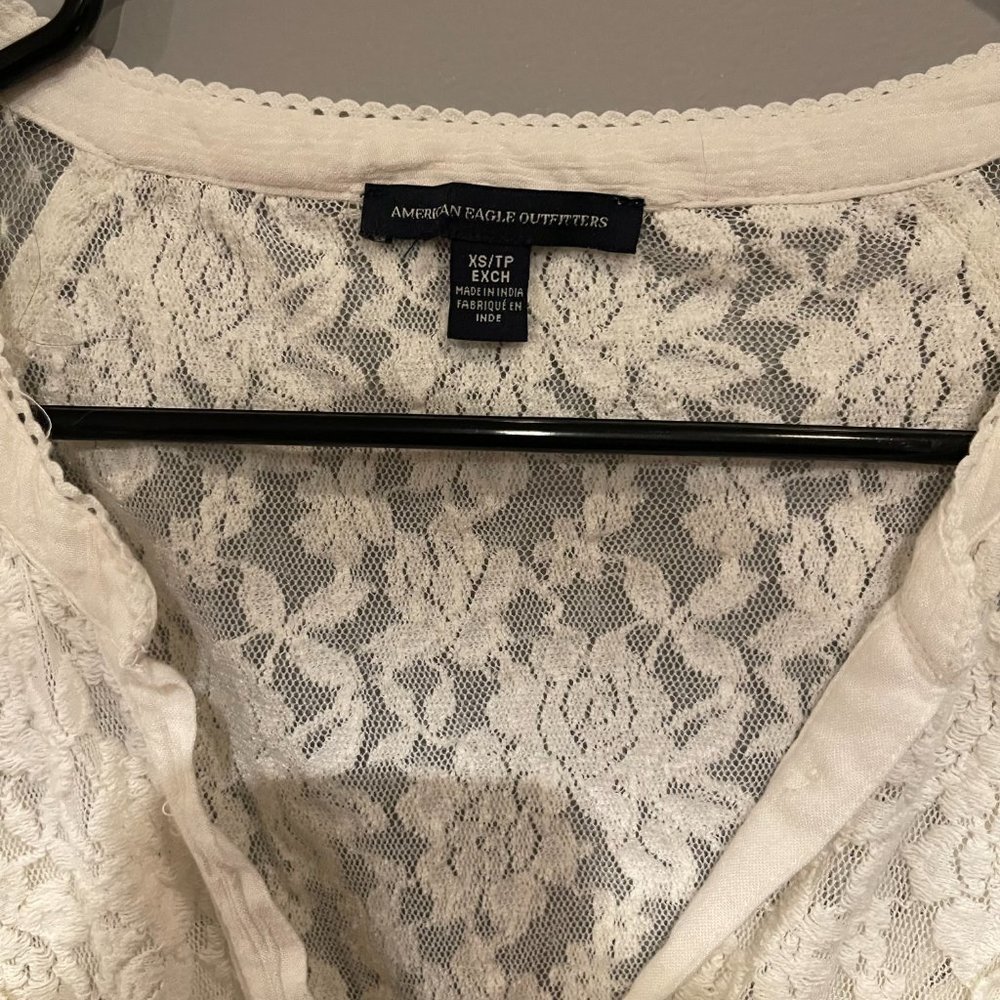 American Eagle White Lace Long Sleeve Button Up Women's Blouse - Picture 2 of 4